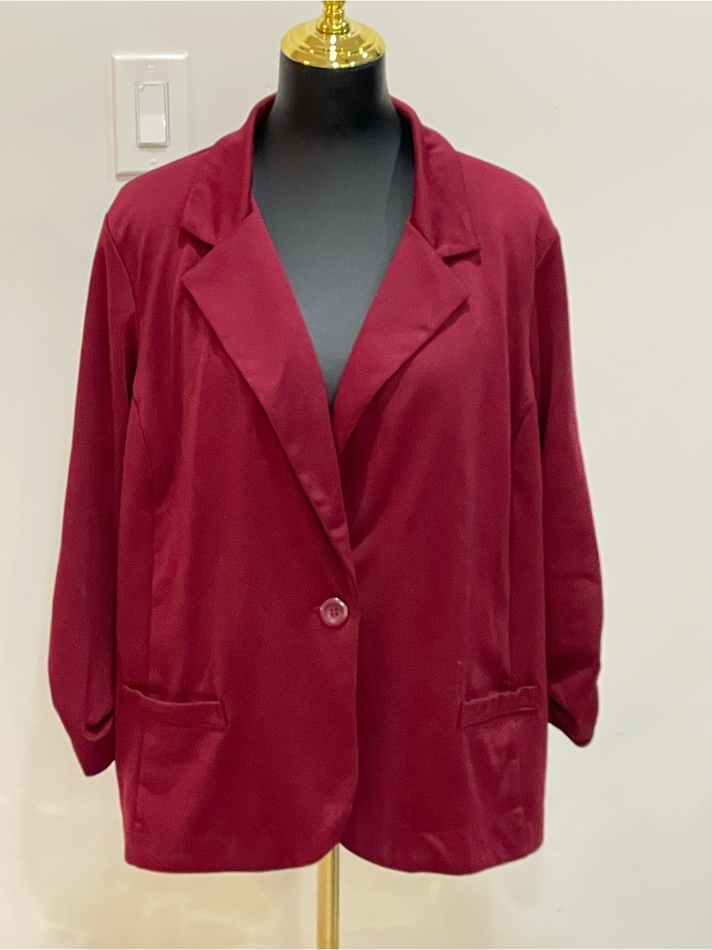 Avenue Burgundy Single Button 3/4 Gathered Sleeve Knit Blazer Plus Size 22/24